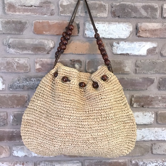 FLORA BELLA Women’s Raffia Grass Leather Handles Wood Ball Accents XL Tote Bag - Picture 2 of 6